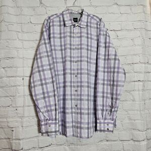 HUGO BOSS Mens Shirt Size 2XL Button Up Regular Fit Purple White Plaid *READ*